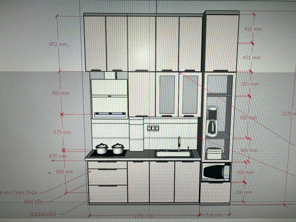 Kích Thước Tiêu Chuẩn Tủ Bếp Nhôm Kính
