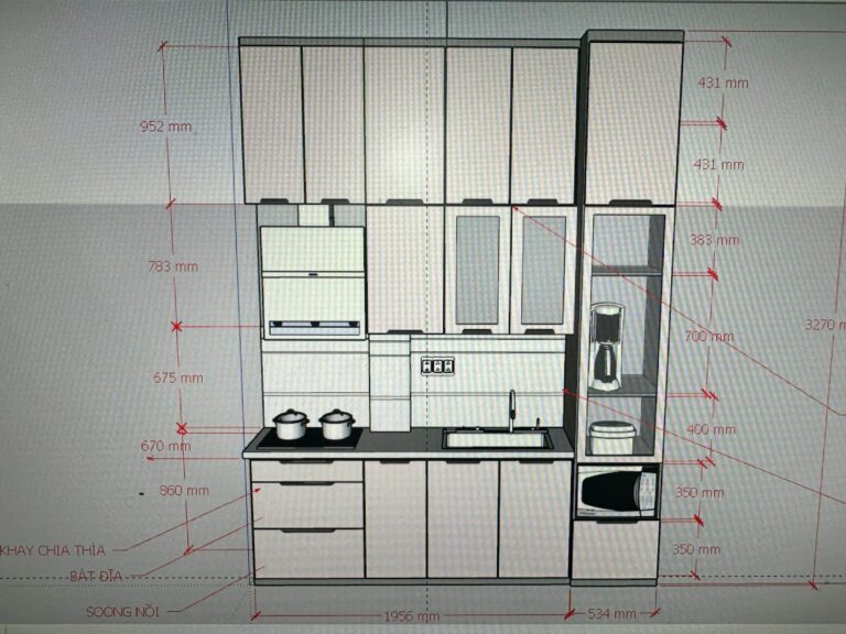 Kích Thước Tiêu Chuẩn Tủ Bếp Nhôm Kính